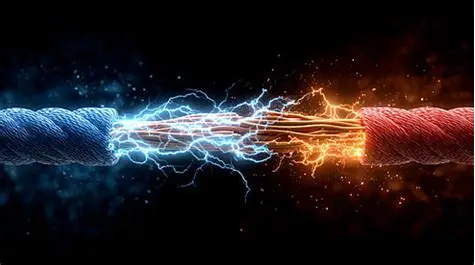 Dos cables azul y rojo unidos por una descarga de luz, imagen conceptual de conexión eléctrica